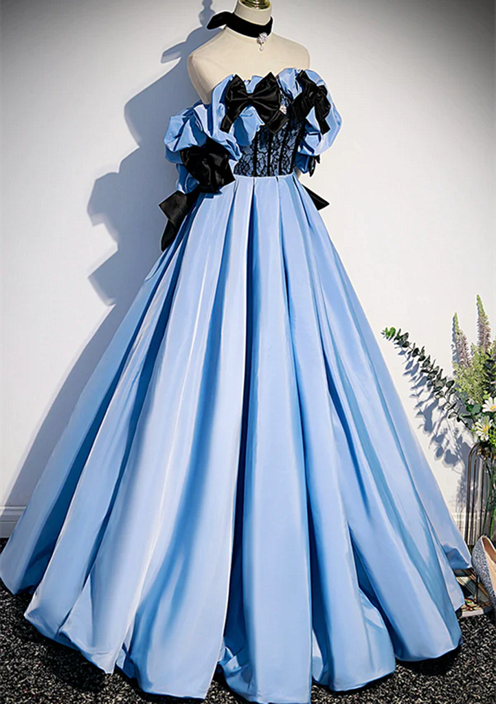 Pretty Blue Off The Shoulder Satin Long Birthday Party Dress Prom Gown With Bow main image 1