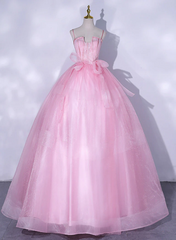 Pink Tulle Straps Ball Gown Long Sweet 16 Dress, Pink Tulle Formal Dress