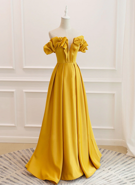 Yellow Satin A-line Sweetheart Off Shoulder Party Dress, Yellow Long Prom Dress