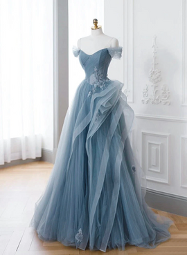A-line Blue Tulle Long Party Dress with Lace, Off Shoulder Tulle Prom Dress