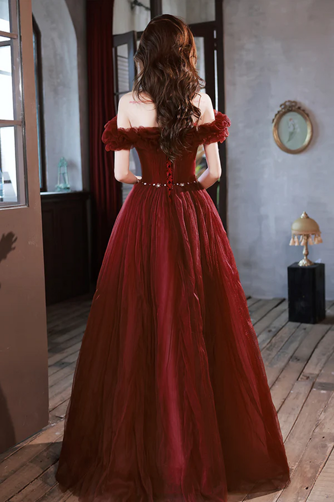 Wine Red Tulle and Lace One Shoulder Party Dress, A-line Wine Red Wedding Party Dress