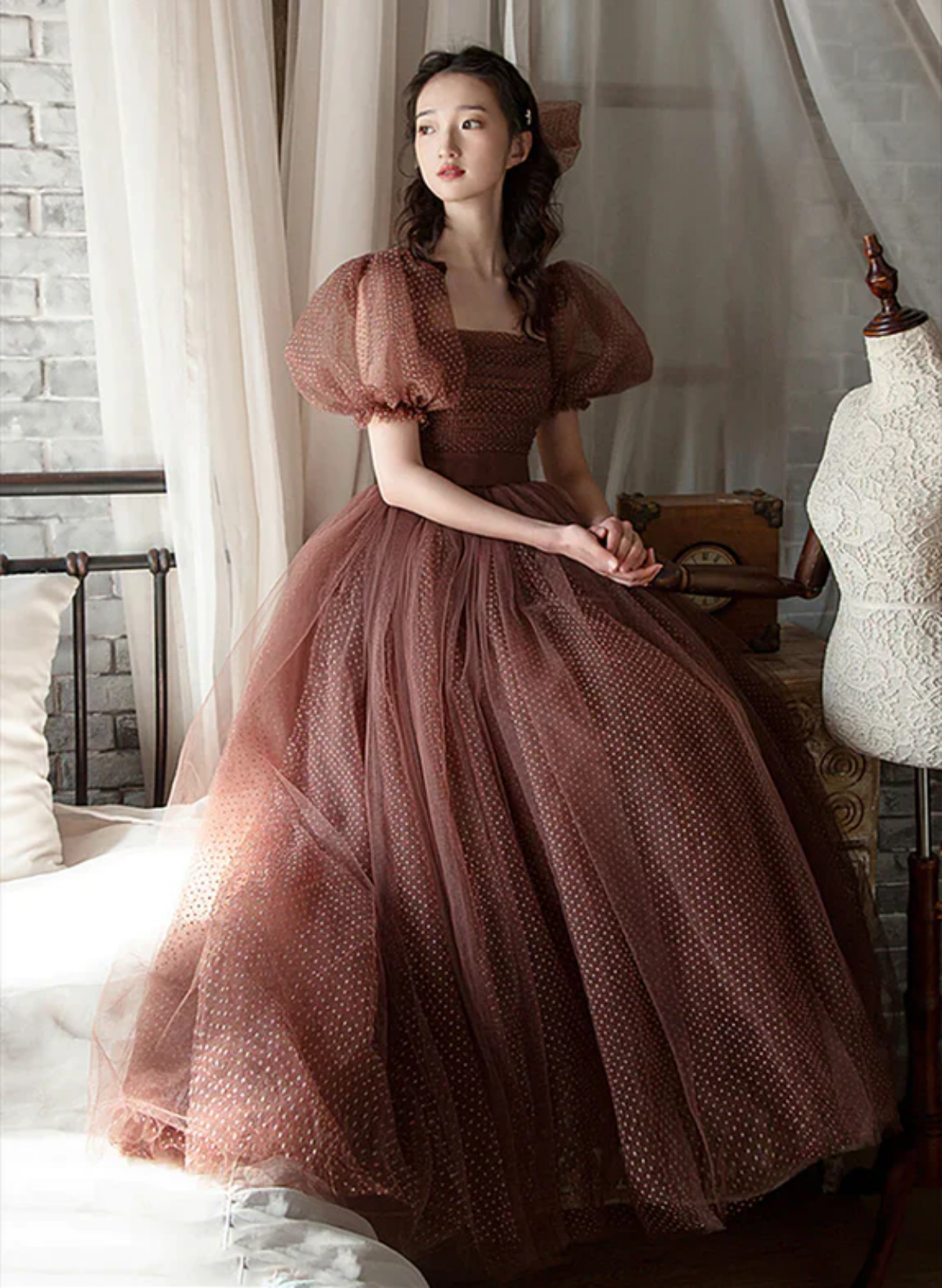 Lovely Puffy Sleeves Tulle Long Party Dress, Scoop Ball Gown Long Prom Dress