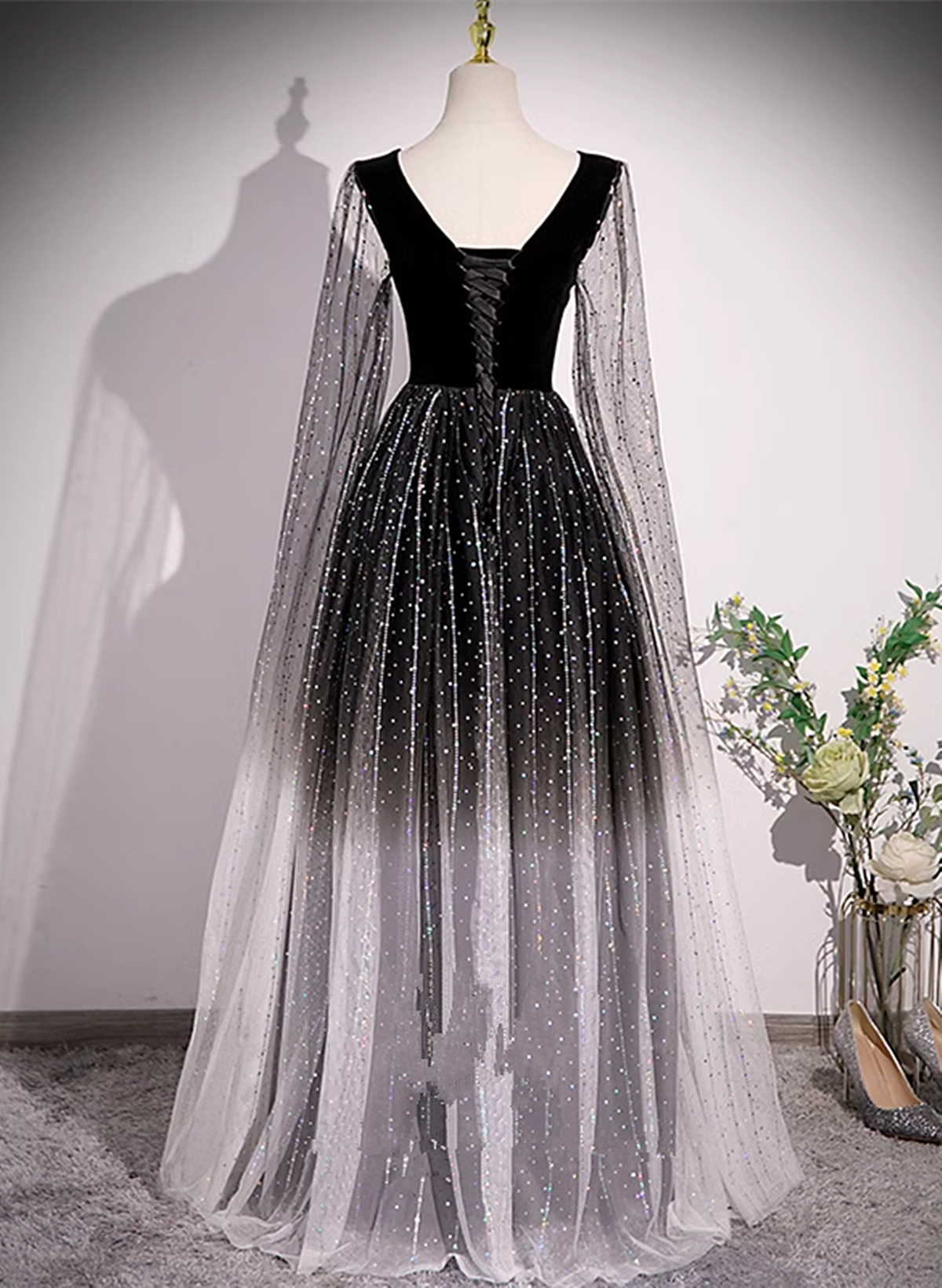 Black Gradient Tulle V-neckline Long Beaded Prom Dress, Black Party Dress Formal Dress