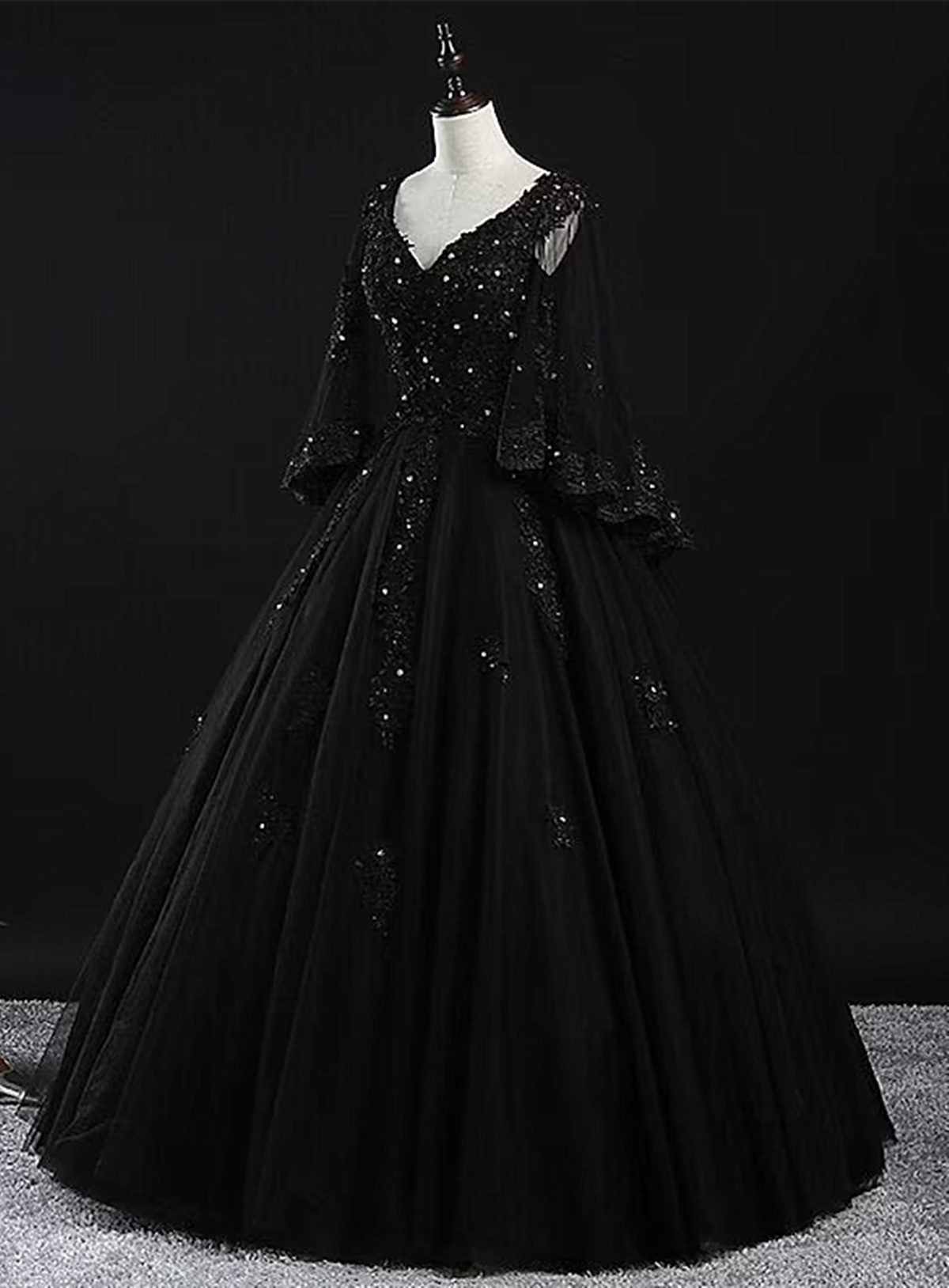 Black Tulle with Beaded Long Prom Dress, Black Evening Dress Sweet 16 Dress