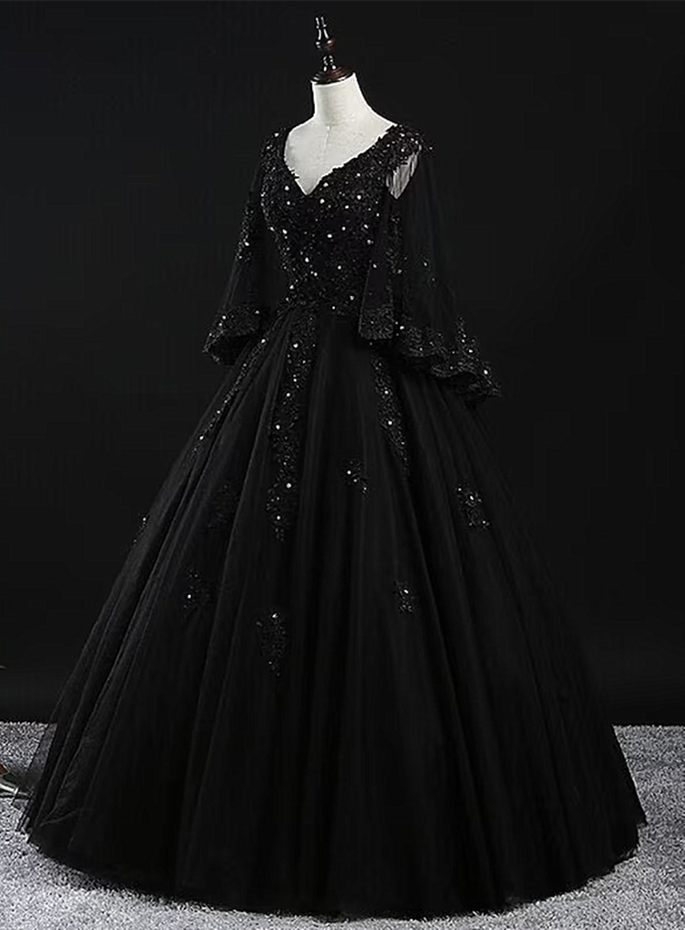 Black Tulle with Beaded Long Prom Dress, Black Evening Dress Sweet 16
