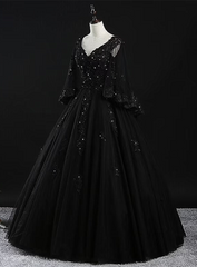 Black Tulle with Beaded Long Prom Dress, Black Evening Dress Sweet 16 Dress