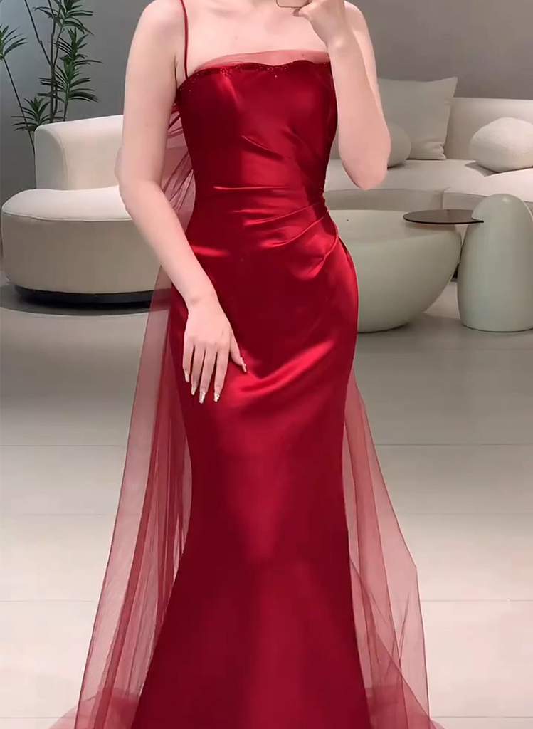 Red Soft Satin Mermaid Long Party Dress, Red Long Evening Dress Formal