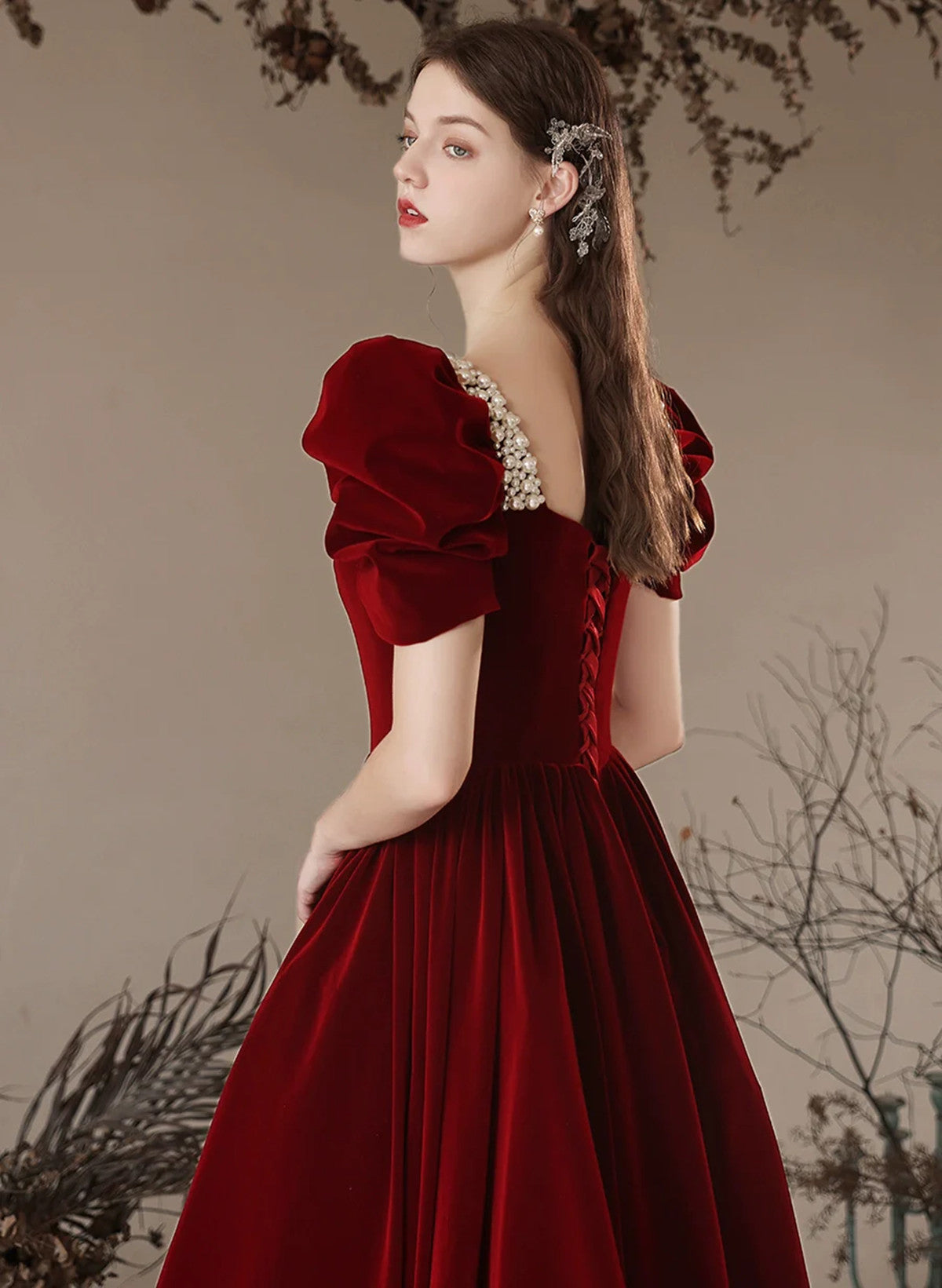 Wine Red Short Sleeves Beaded Velvet Long Formal Dress, Wine Red Velvet Prom Dress