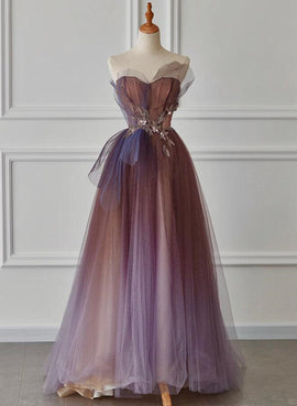 A-line Gradient Tulle Beaded Long Prom Dress, Gradient Tulle Evening Dress