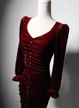 Wine Red Long Sleeves Velvet Mermaid Long Party Dress, Wine Red Long Formal Dress