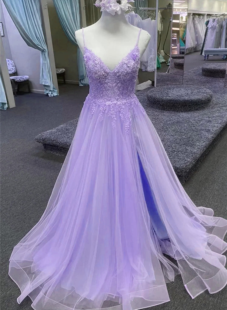 Light Purple A-line Tulle with Lace Prom Dress, Light Purple Long Even