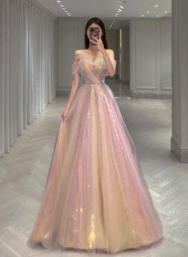 A Line Tulle and Sequins Long Party Dress, Off Shoulder Sequins Prom Dress