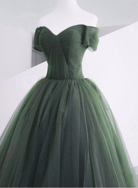Green Short Sleeves Sweetheart Tulle Long Party Dress, Green Tulle Prom Dress