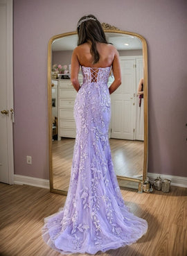 Lavender Lace Mermaid Sweetheart Long Party Dress, Lavender Lace Prom Dress