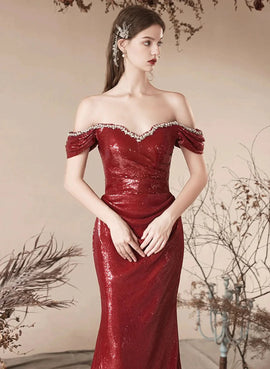 Wine Red Sequins Mermaid Long Party Dress, Wine Red Sequins Evening Dress