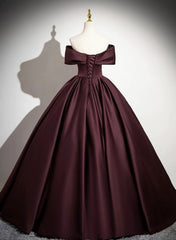 Off Shoulder Maroon Satin Long Party Dress, Maroon Prom Dress