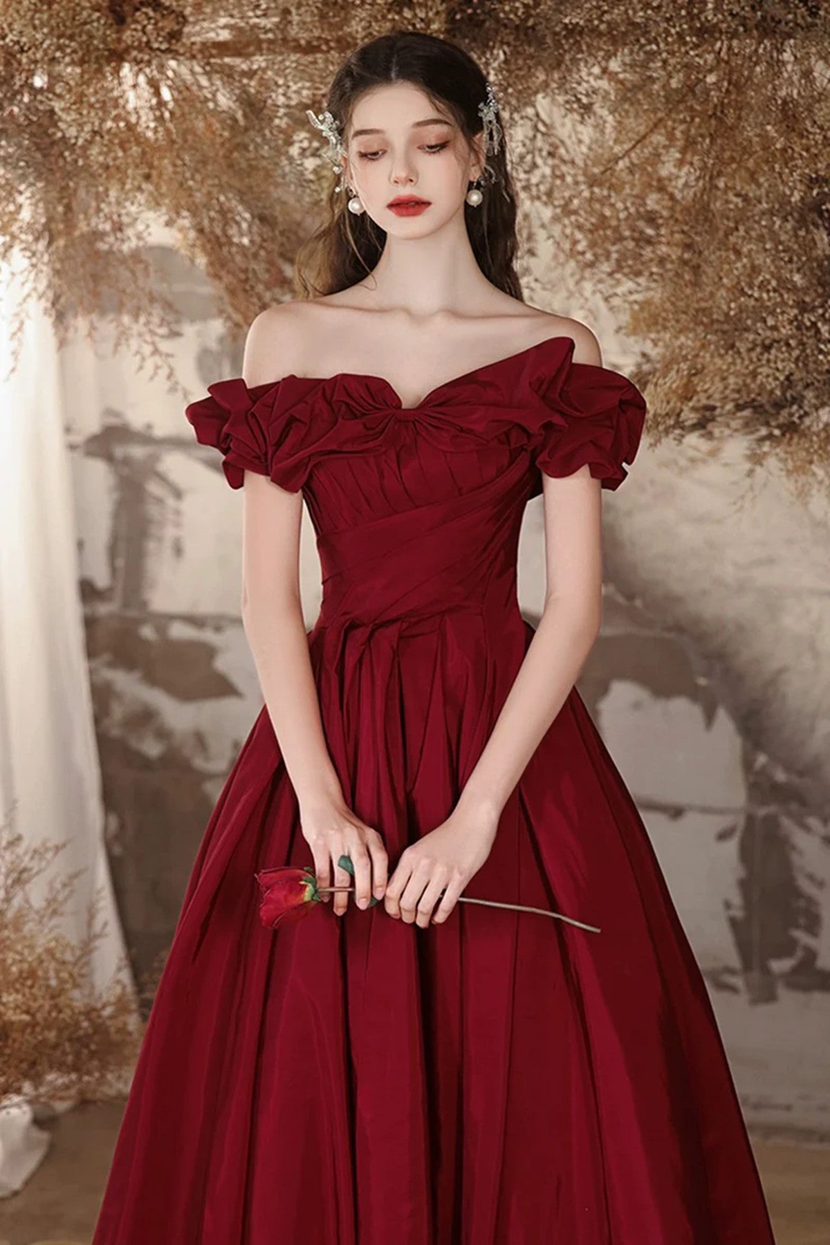 Wine Red Taffeta Long Evening Dress, Wine Red Off Shoulder Prom Dress Wine Red Taffeta Long Evening Dress, Wine Red Off Shoulder Prom Dress