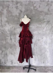 Wine Red High Low Satin Lovely Style Party Dress, Wine Red Long Prom Dress