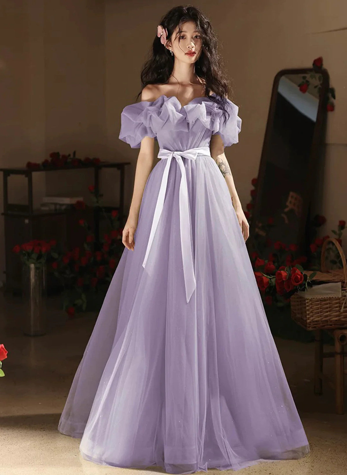 Lavender Tulle Off Shoulder A-line Long Prom Dress, Lavender Evening D Cutedressy Lavender Tulle Off Shoulder A-line Long Prom Dress, Lavender Evening D Cutedressy
