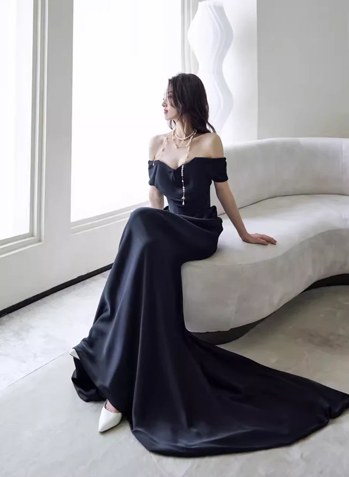 Elegant Black Off Shoulder Long Formal Gown, Black Satin Prom Dress Pa Cutedressy Elegant Black Off Shoulder Long Formal Gown, Black Satin Prom Dress Pa Cutedressy