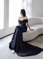 Elegant Black Off Shoulder Long Formal Gown, Black Satin Prom Dress Pa – Cutedressy