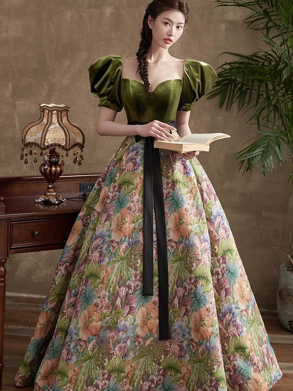 Green Short Sleeves Velvet Floral Long Party Dress, Green A-line Prom Cutedressy Green Short Sleeves Velvet Floral Long Party Dress, Green A-line Prom Cutedressy