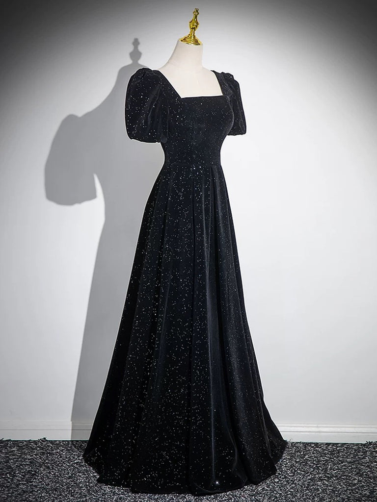 Black A-line Short Sleeves Velvet Simple Party Dress, Black Evening Dr