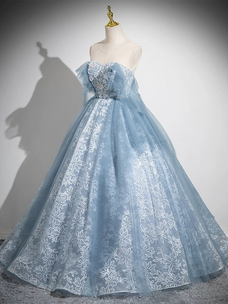 Light Blue A-line Lace and Tulle Long Party Dress, Blue Round Neckline