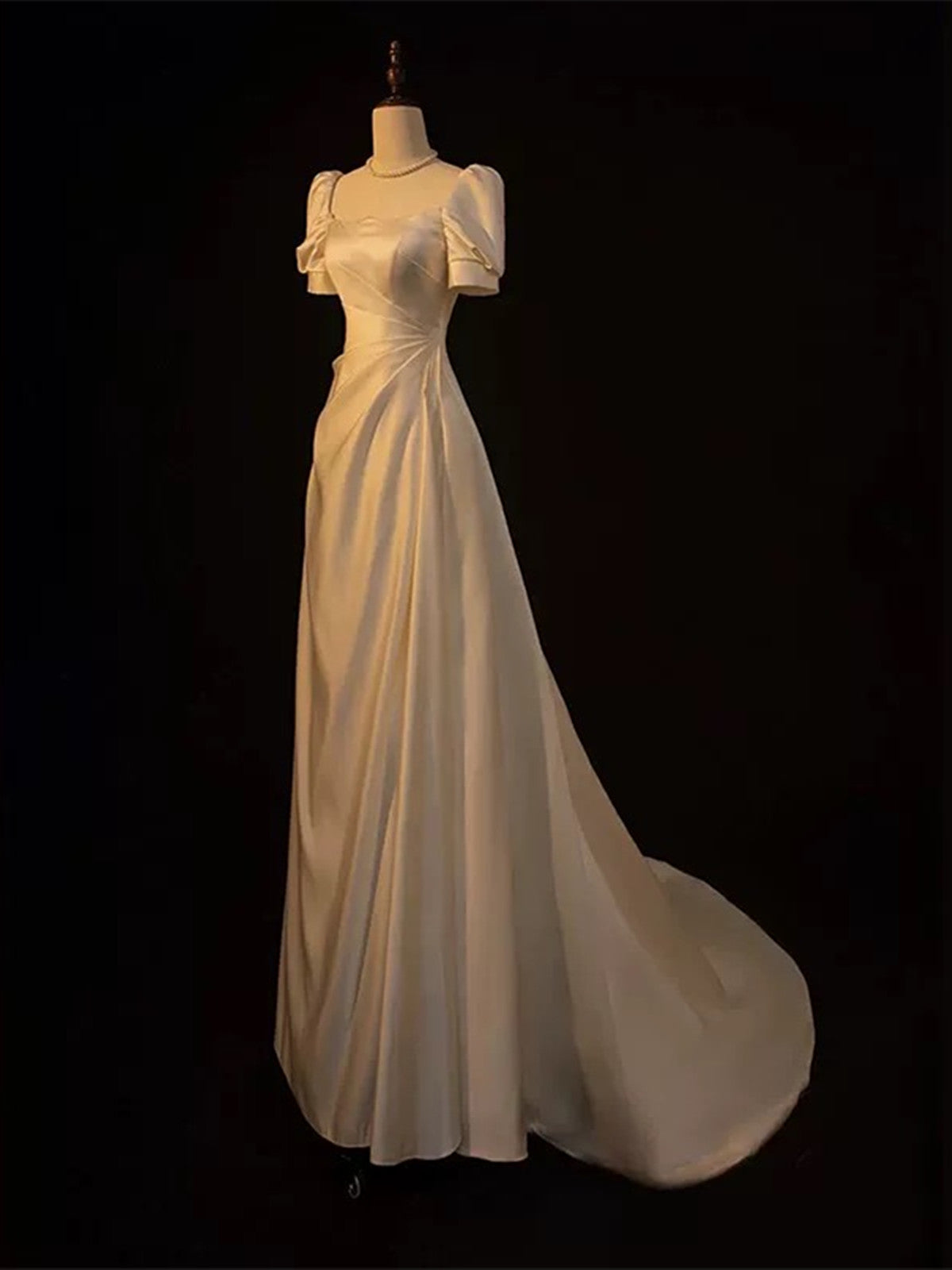 Ivory Satin Short Sleeves A-line Wedding Party Dress, Ivory Long Prom Cutedressy Ivory Satin Short Sleeves A-line Wedding Party Dress, Ivory Long Prom Cutedressy