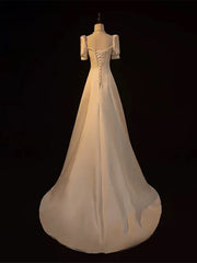 Ivory Satin Short Sleeves A-line Wedding Party Dress, Ivory Long Prom Dress