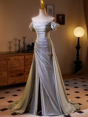 Shiny Sliver Grey A-line Long Formal Dress, Simple Grey Off Shoulder Prom Dress