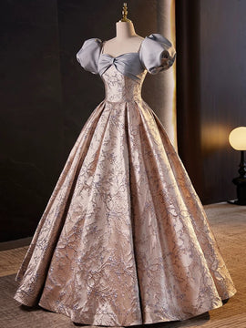 Lovely A-line Floral Satin Short Sleeves Long Prom Dress, Sweetheart Formal Dress