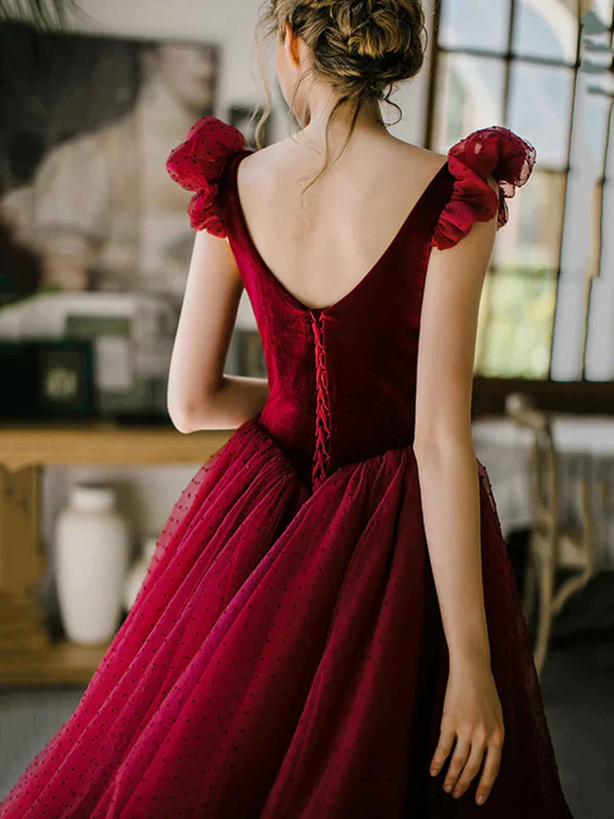 Wine Red Velvet and Tulle Low Back Party Dress, Wine Red Tea Length Pr Cutedressy Wine Red Velvet and Tulle Low Back Party Dress, Wine Red Tea Length Pr Cutedressy