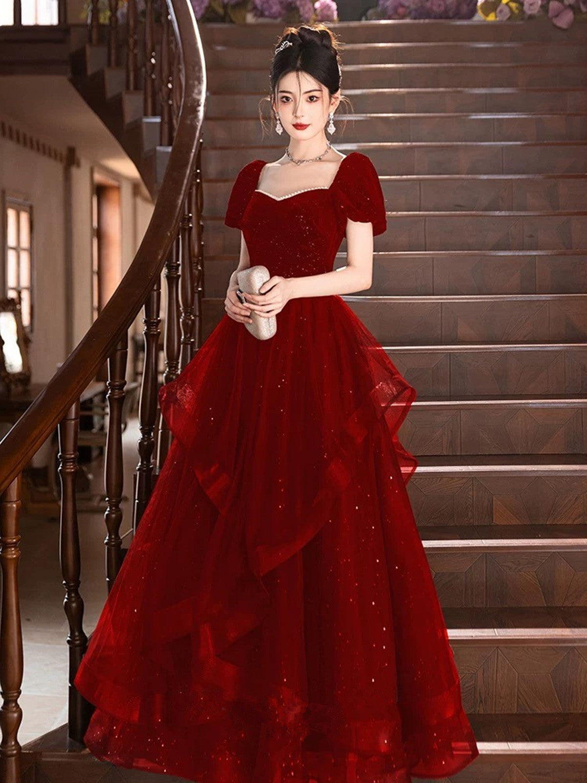 Wine Red Short Sleeves Velvet and Tulle Prom Dress, Wine Red A-line Pa Cutedressy Wine Red Short Sleeves Velvet and Tulle Prom Dress, Wine Red A-line Pa Cutedressy