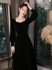 Black Velvet Long Sleeves A-line Long Formal Dress, Black Bridesmaid Dress