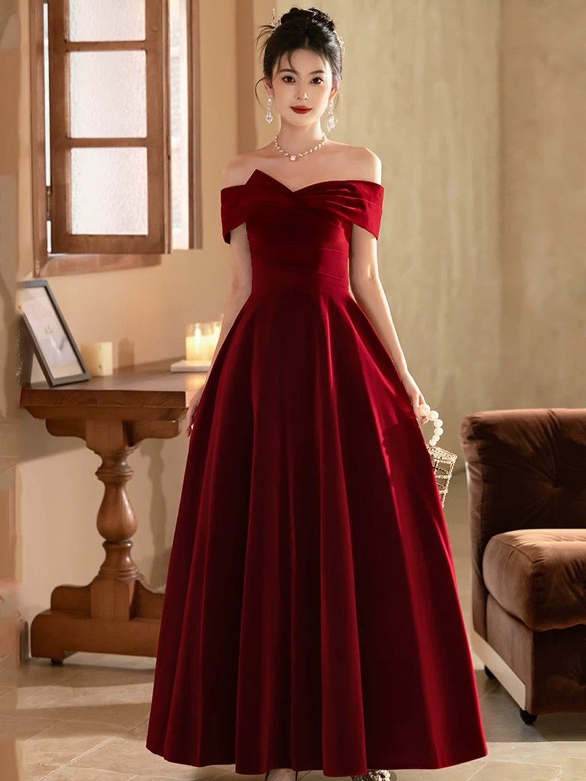 red velvet a line dress Wine Red Velvet Long Simple Party Dress With Velvet, A-line Backless Prom Dress 2025