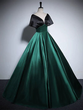 Chic Black and Green Satin Off Shoulder Long Party Dress, Floor Length Prom Dress