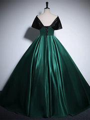 Chic Black and Green Satin Off Shoulder Long Party Dress, Floor Length Prom Dress