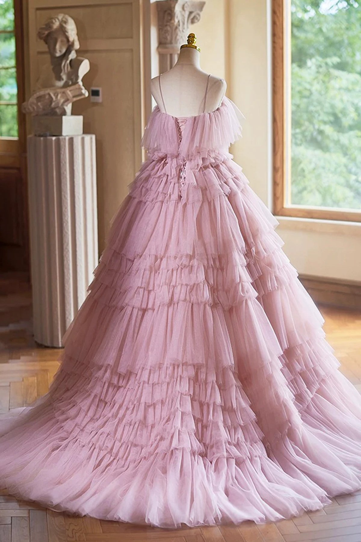 Pink Layered Tulle Ball Gown With Bow, Pink Tulle Evening Dress Formal Dress