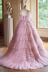 Pink Layered Tulle Ball Gown With Bow, Pink Tulle Evening Dress Formal Dress