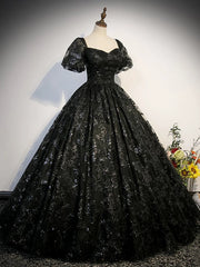 Black Lace Sweetheart Short Sleeves Long Evening Dress, Black Prom Dress Party Dress