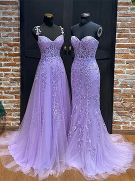 Light Purple Sweetheart Lace Long Formal Gown, Purple Lace Prom Dress