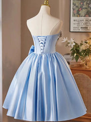 Blue Satin Sweetheart Knee Length Party Dress, Blue Satin Short Prom Dress