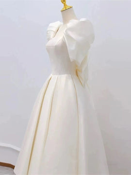 White Satin Knee Length Sweetheart Puffy Sleeves Party Dress, White Satin Graduation Dress