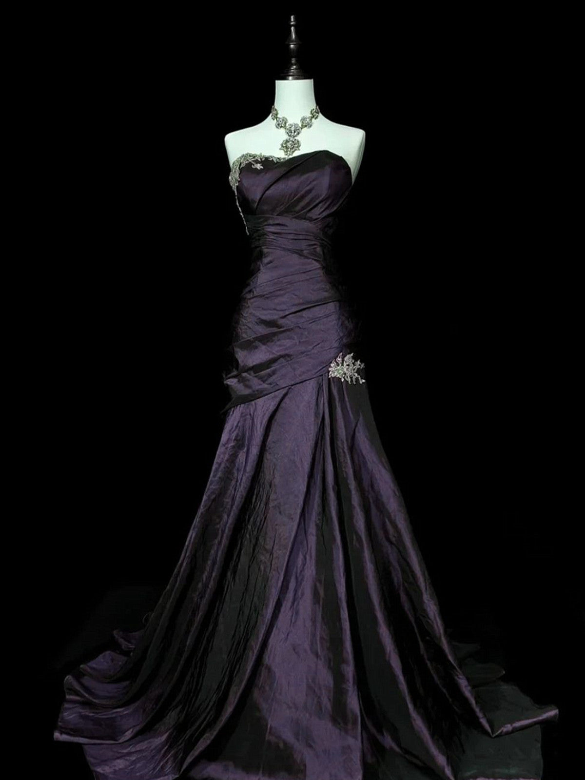A-line Taffeta with Lace Purple Floor Length Party Dress, Purple Taffeta Prom Dress