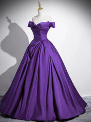A-line Purple Satin Off Shoulder Floor Length Party Dress, Purple Satin Evening Dress Prom Dress