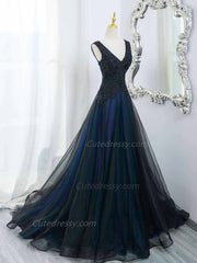 A-line Black and Blue Tulle V-neckline Long Party Dress with Lace, Blue and Black Prom Dress