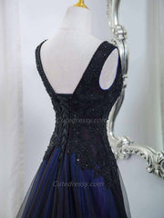 A-line Black and Blue Tulle V-neckline Long Party Dress with Lace, Blue and Black Prom Dress