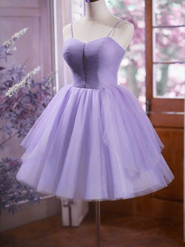 Light Purple Tulle Straps Simple Knee Length Party Dress, Light Purple Homecoming Dress