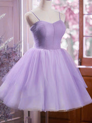 Light Purple Tulle Straps Simple Knee Length Party Dress, Light Purple Homecoming Dress